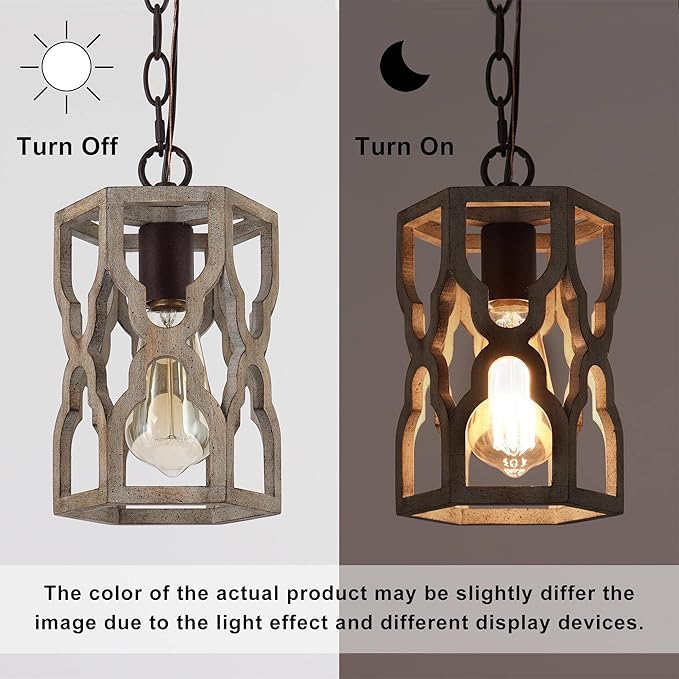 KSANA Farmhouse Wood Pendant Light, Cage Lantern Hanging Light Fixture for Kitchen Island, Foyer, Hallway, Bedroom and Entryway