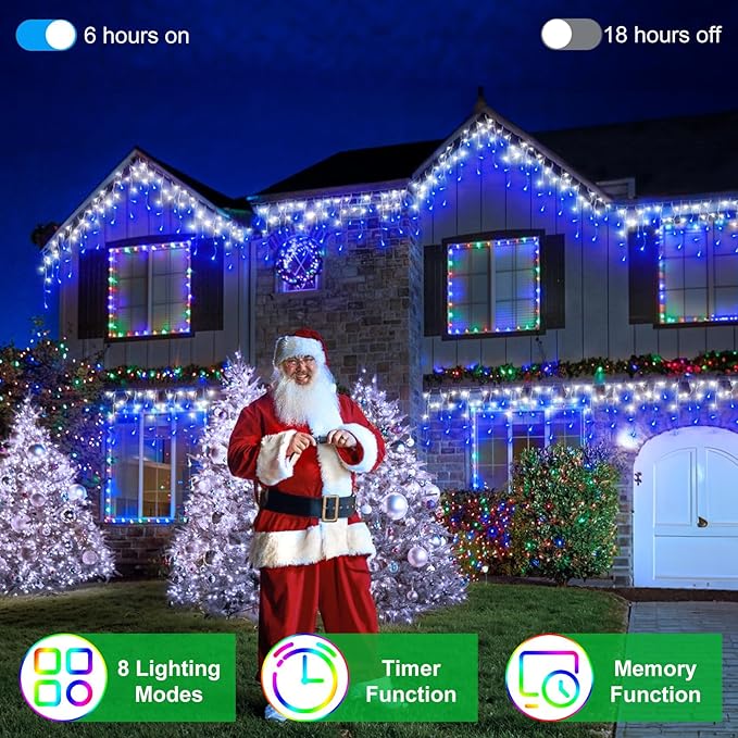 82ft 792 LED 176 Drops Christmas Lights, Outdoor Hanging lights 8 Modes and Timer Memory, Outside Waterproof Curtain String Lights for House Fence Tree Holiday Party Decorations (Blue & White)