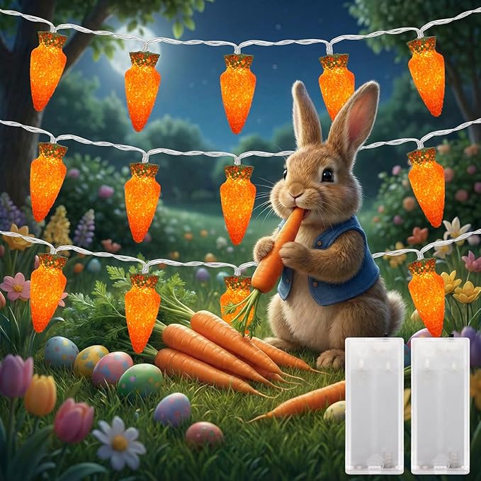 WILLBOND 2 Pack Easter Carrot Lights String 14.5ft 20-Count Orange Carrot Shaped Bunny Fairy Lights Battery Operated with 2AA Battery Box for Indoor Outdoor Easter Spring Party Decor