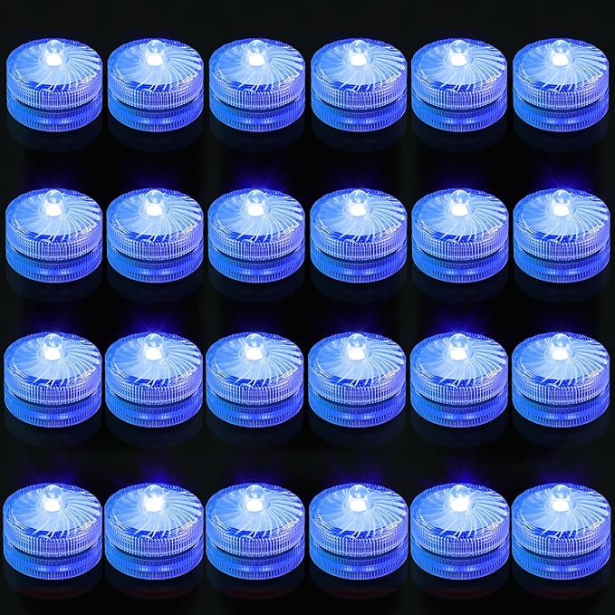 Blue Submersible Led Lights, Waterproof Tea Lights 100H Underwater Mini Pool Lights Battery Operated Flameless for Vases Fountain Halloween Christmas Home Decorations (24 Pack)