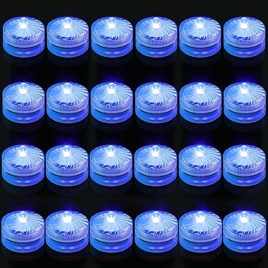Blue Submersible Led Lights, Waterproof Tea Lights 100H Underwater Mini Pool Lights Battery Operated Flameless for Vases Fountain Halloween Christmas Home Decorations (24 Pack)
