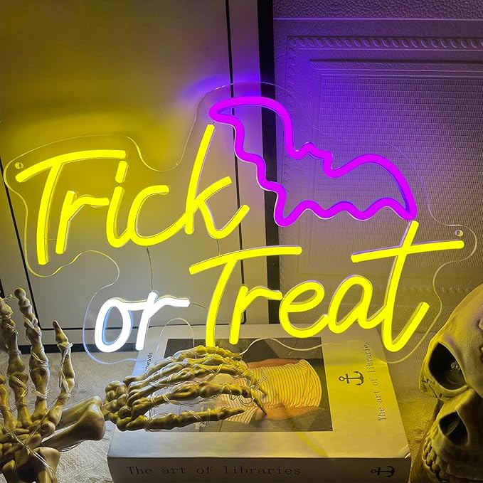 Trick or Treat Neon Sign,Halloween Neon Light,Halloween Bat LED Light for Wall Decor, Dimmable Halloween Party Decorations Light Up Sign for Home Bedroom Bar Garden Porch Coffee Store