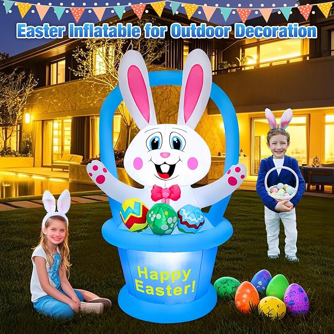 5 Ft Easter Inflatables Easter Decorations, Blow up Easter Decorations Outdoor with LED Lights Basket Light up Outdoor Easter Decor for Holiday Party Indoor Garden Lawn