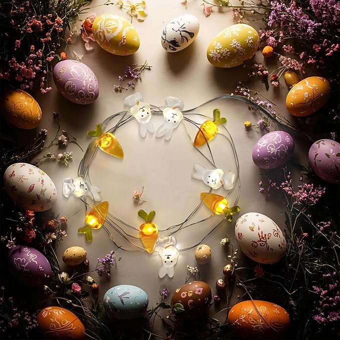 CUQI Easter Lights String, Easter Decoration Lights String Battery Operated 1M 10 LED Carrot Bunny Easter Egg Lights for Indoors Outdoor (2PCS)