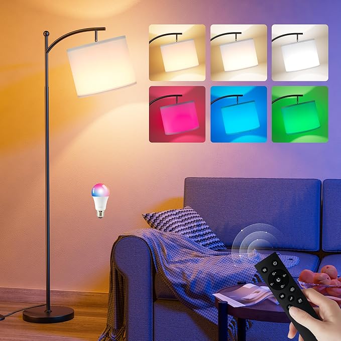 Ambimall Floor Lamps with Smart Light Bulb, RGB + Color Temperatures Bright Dimmable Smart Floor lamp(White Shade & Black Pole)