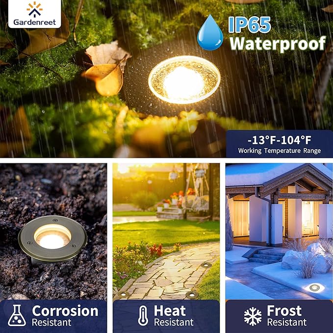 Gardenreet Landscape In Ground Well Lights - Brass Electric Low Voltage Ip65 Lights, 12V Wired LED Fixture, Antique Bronze for Patio Driveway Tree with 5000K Daylight White MR16 Bulb