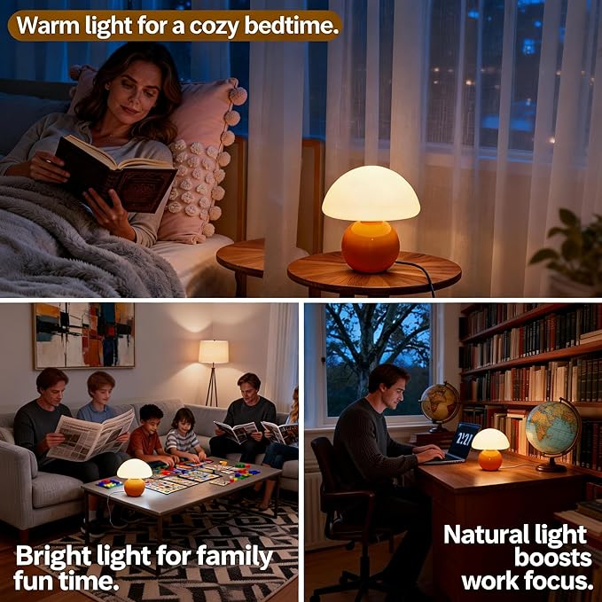 3-Way Dimmable Orange Mushroom Lamp - Plug Powered Small Desk Table Lamp with Dimmable Ambient, Night Light for Bedroom, Office,Nursery,Home Living Room Decor, Gift for Kids Teens & Adults