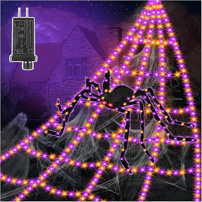 Spider Webs Halloween Decorations Lights - 550 LEDs Outdoor Giant Halloween Decor Lights with16.4ft,4ft Spider,8 Modes,Waterproof&Timer for Yard Porch Garden,Outside Party (with Spider)