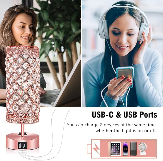 Rose Gold Crystal Table Lamp, Pink Desk Lamp Room Decor Touch Control Nightstand Night Light Girly Bling Lamps with 4 Charging Ports & Bulb Included for Home, Office, Living Room