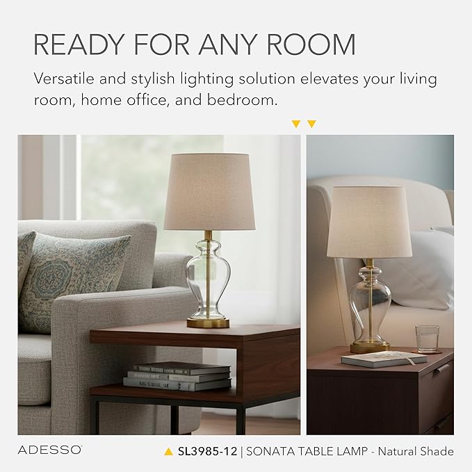 Adesso Table Lamp with Glass Base, Brass Accents, and Tan Textured Lampshade – Bedside Table, Home Office Lighting, or Living Room Decor, 26” x 12”