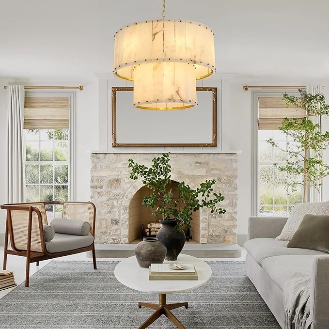 Alabaster Chandelier D24in Spanish Natural Marble Round Chandeliers,2 Tiers Alabaster Pendant Light,Modern Dining Room Chandelier, Dimmable Gold Chandeliers for Bedroom,Foyer,Bathroom,Entryway