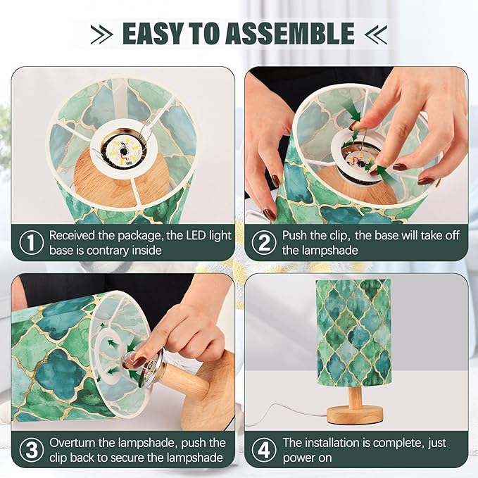 Teal Green and Gold Moroccan Tile Bedside Table Lamps with USB Port for Bedroom Lamp Table Lamp Small Nightstand Lamp Sturdy Linen Shade Wooden Decorative Lamps for Home Dorm Office Living Room