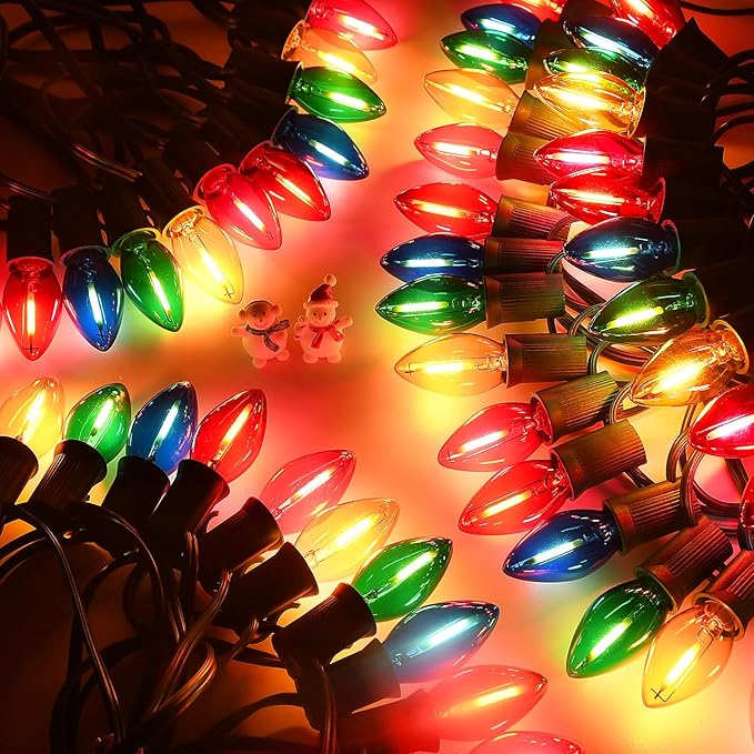 50 Feet Multi-colored C7 LED Christmas Lights Outdoor Colored Christmas Lights Waterproof with 50 + 5 Pack Energy Efficient C7 LED Bulbs (0.6W = 7W) for Colorful Xmas House Stairs Porch Tree Decor
