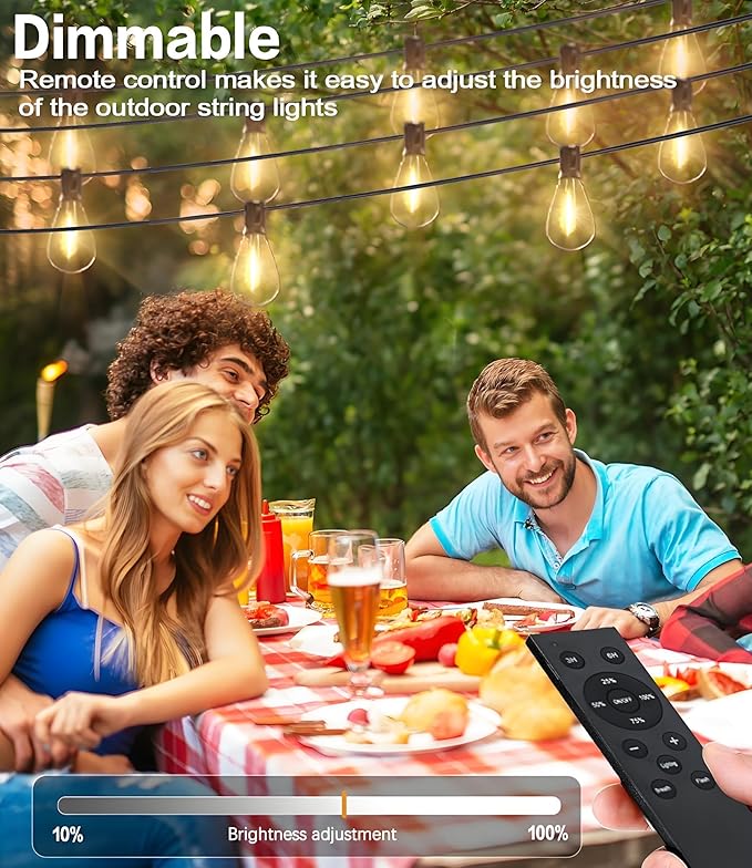 Tenmieo 100FT LED Outdoor String Lights with Remote, 35+ 1 Shatterproof Bulbs Waterproof and Dimmable Patio Lights for Porch, Garden, Backyard, Deck, Balcony, 2700K Hanging Lighting