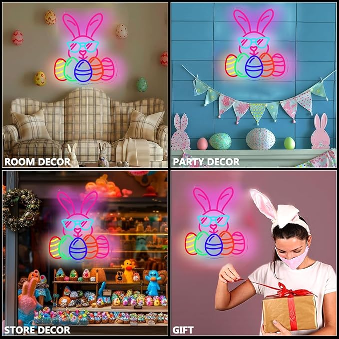 Easter Bunny Egg Neon Signs Decorations, LED Neon Lights Sign for Wall Decor, USB Dimmable Easter Gifts Bunny Wearing Glasses Party Decor for Bedroom Window Door Yard Bar Classroom Church