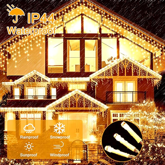 Icicle Lights for Outside,95ft 800 LEDs Warm White Christmas Light Outdoor,8 Modes,Timer,Plug in Waterproof Twinkly Icicle Lights for Eaves Yard Party House Holiday Christmas Decoration