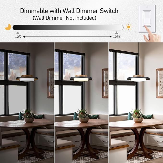 Dimmable Pendant Lights,15 inch,Real Wood Cap,3000K/Warm White/22W,LED Pendant Light Fixtures for Kitchen, Dining Room, Living Room,Black