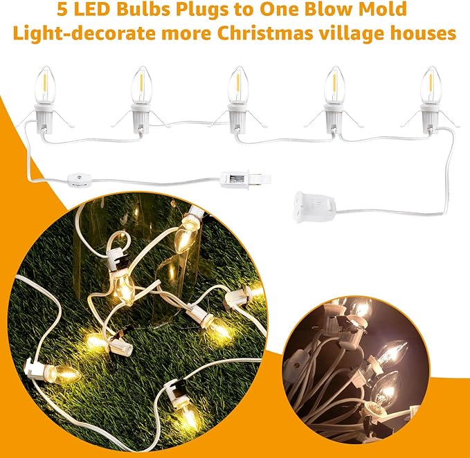 Christmas Village Lights with 5 Led Light Bulb,C7 Cord Clip Lights for Christmas Village Cottages,Pumpkins,Outdoor Atmosphere Decoration.for Blow molds