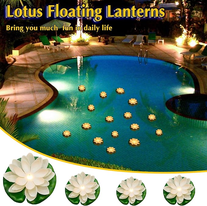 Hortsun 9 Pcs Floating Lotus Lights with Batteries Lily Pads Pool Flowers Floating Candles Decor Artificial Pond Plants Decorations for Pool Pond Outdoor Indoor (White,Yellow Light,3.94/5.91 Inch)