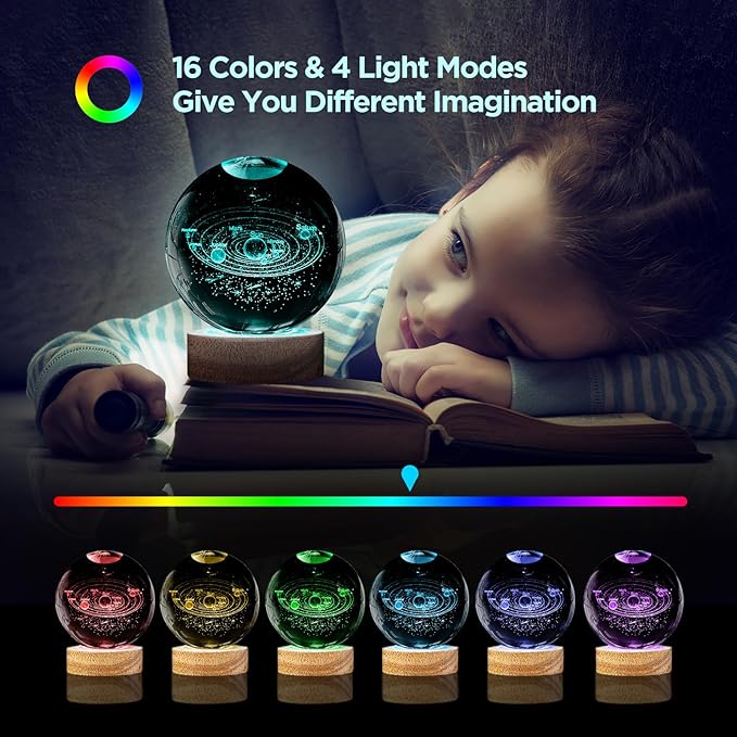 3D Solar System Crystal Ball Night Light with 16 Color Wooden LED Base Upgraded 3.15 In Galaxy Planets Ball Lamp with Remote for Birthday Christmas, Astronomy Space Gifts for Boys Girls Kids