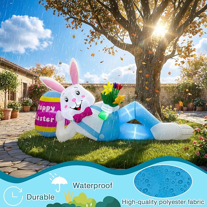 OurWarm 8FT Easter Inflatables Outdoor Decorations, Lying Inflatable Easter Bunny Decor with Egg, Easter Blow Up Yard Decorations with LED Lights, Easter Blow Ups for Outside Roof Lawn Yard Decor