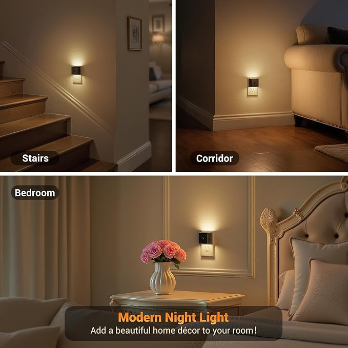 JandCase Motion Sensor Night Light, Night Lights Plug into Wall with Adjustable Brightness, Motion Activated Night Light, 3000K Warm White, for Kids Bathroom Hallway Kitchen Bedroom[4 Pack]