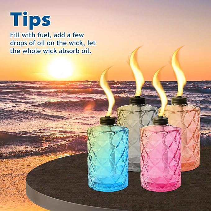 4 Pack Colorful Glass Garden Torch 12 oz Outdoor Torch Garden Décor,60-Inch Upgraded Citronella Torches with 3-Prong Grounded Stake for Party Patio Pathway