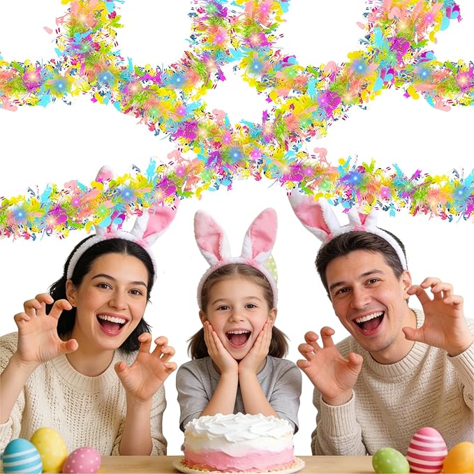 33ft Easter Tinsel Garland with Lights, Colorful Bunny Egg Chick Tinsel Spring Decor, Hanging Easter Decorations for Home Indoor Outdoor Mantle Tree