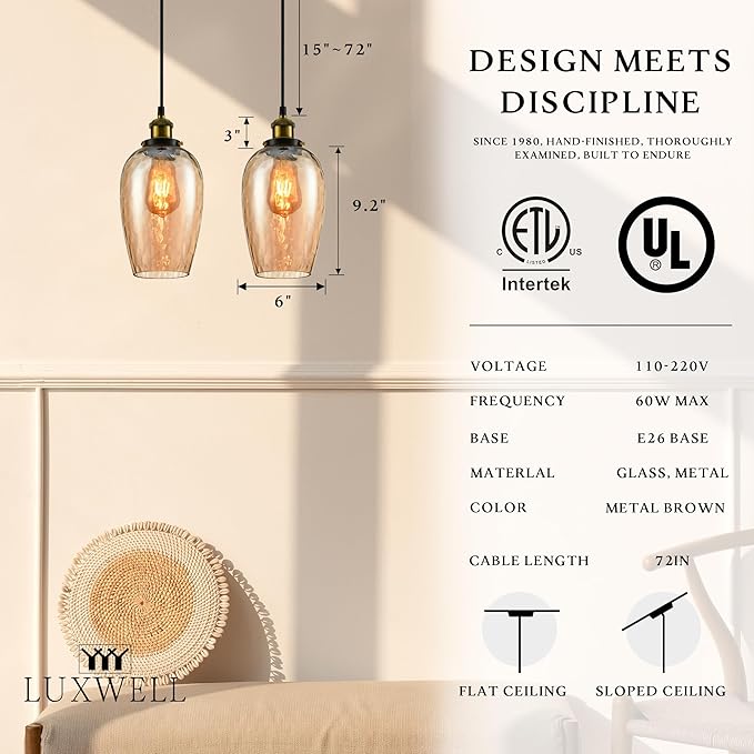 Modern Glass Pendant Light, 6"x9.2" Amber Ribbed Oval Light Fixture with Gold Cap, 15"-72" Adjustable Cord, E26 Socket for Kitchen or Hallway – Sunrise Glow Oval