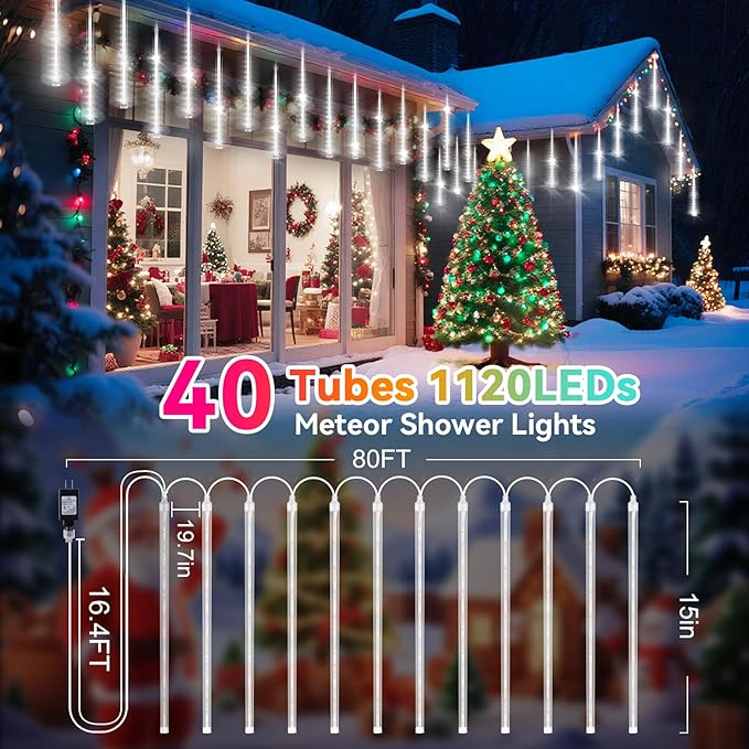 KNONEW 40 Tubes 1120 LED Meteor Shower Lights Christmas Lights Outdoor Plug in Waterproof Falling Rain Light for Xmas Tree Wedding Party Garden Holiday Rooftop Decorations (Cool White)