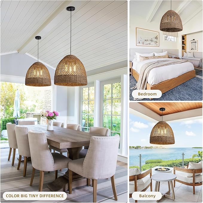 19" Rattan Pendant Light,Hand-Woven Rustic Wicker Hanging Light 3-Light Seagrass Ceiling Chandelier Oval Water Plants Rattan Chandelier for Dining Living Bedroom Kitchen Farmhouse