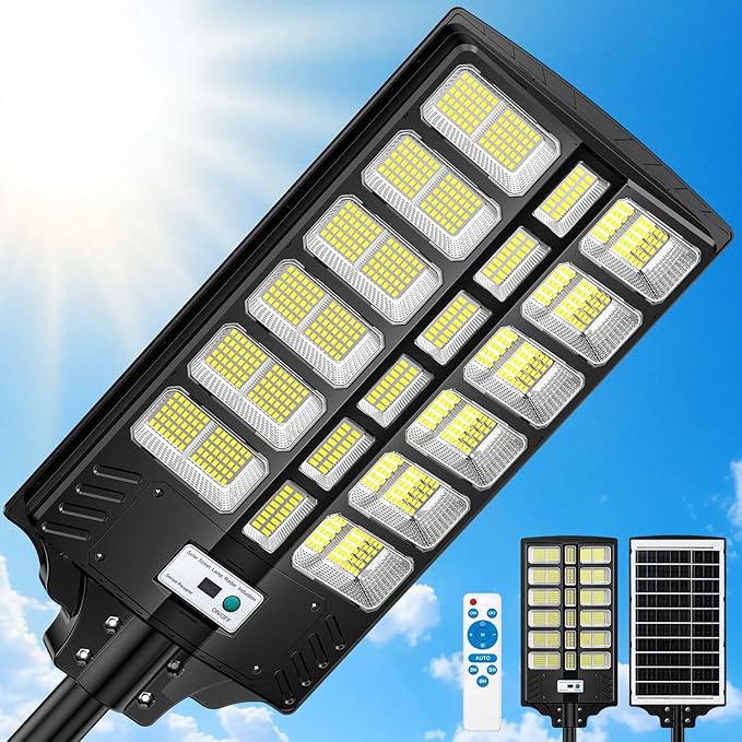9000W Solar Street Lights Outdoor, Solar Powered LED Light Dusk to Dawn, Long-Lasting, Wide Angle, Motion Sensor & Remote Control, IP67 Waterproof, for Yard, Parking, Outside, 1 Pack