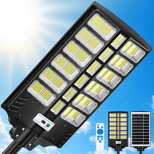 9000W Solar Street Lights Outdoor, Solar Powered LED Light Dusk to Dawn, Long-Lasting, Wide Angle, Motion Sensor & Remote Control, IP67 Waterproof, for Yard, Parking, Outside, 1 Pack