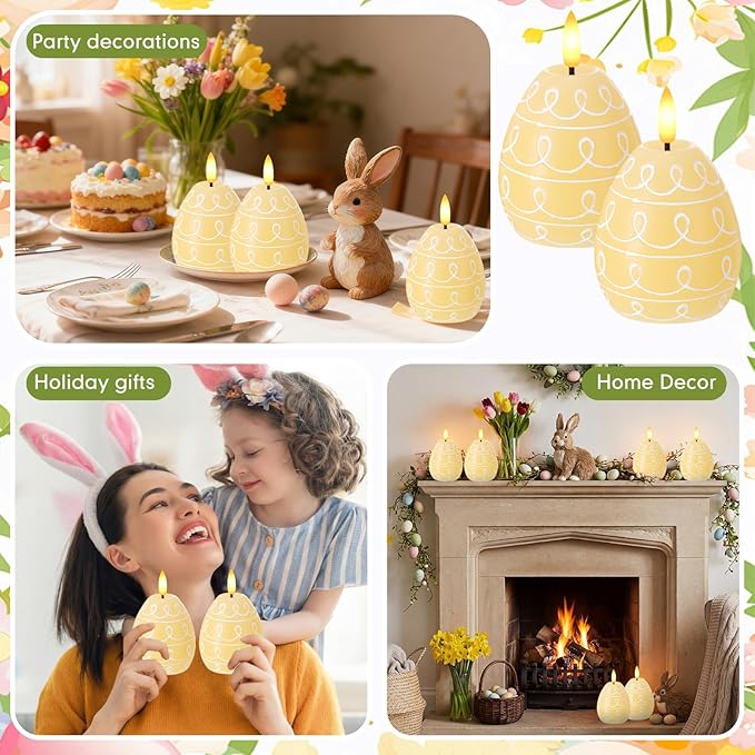 Baquler 2 Pcs Easter Egg Flameless Candles with Timer Egg Shape LED Candle Real Wax Battery Operated Flickering LED Candles Gift No Battery for Easter Party Living Room Home Decor (Yellow)