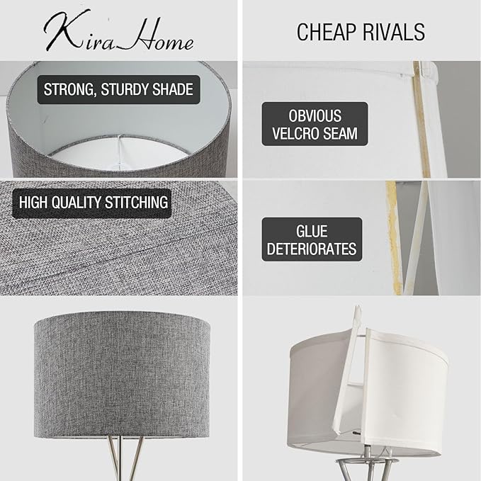 Kira Home Sadie 60" Mid Century Modern Tripod LED Floor Lamp + 9W Bulb (Energy Efficient/Eco-Friendly), Gray Drum Shade, Brushed Nickel Finish