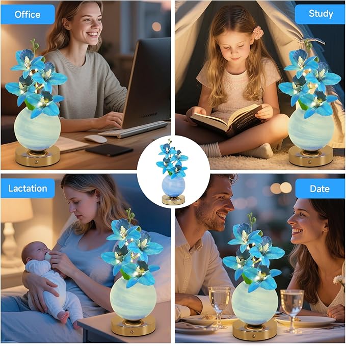 Flower Table Lamp, 3 Colors Orchid Night Light, Cordless Touch Dimming Artificial Flower with Vase Lamp, LED Desktop Decorative Landscape Lights for Festival Party Home Decor (Blue Orchid)
