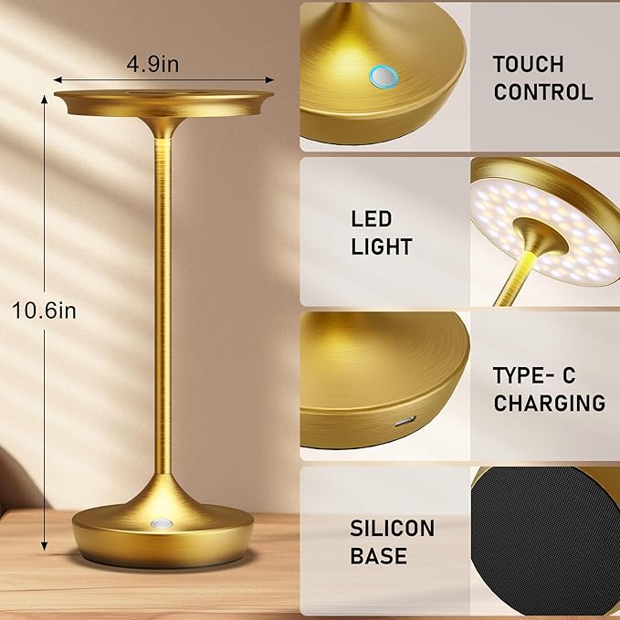 2 Pack LED Rechargeable Cordless Table Lamps, Portable Outdoor Battery Operated 3 Color Stepless Dimming Tables Lamp with Memory Function for Patio Restaurant Dining Room Gold