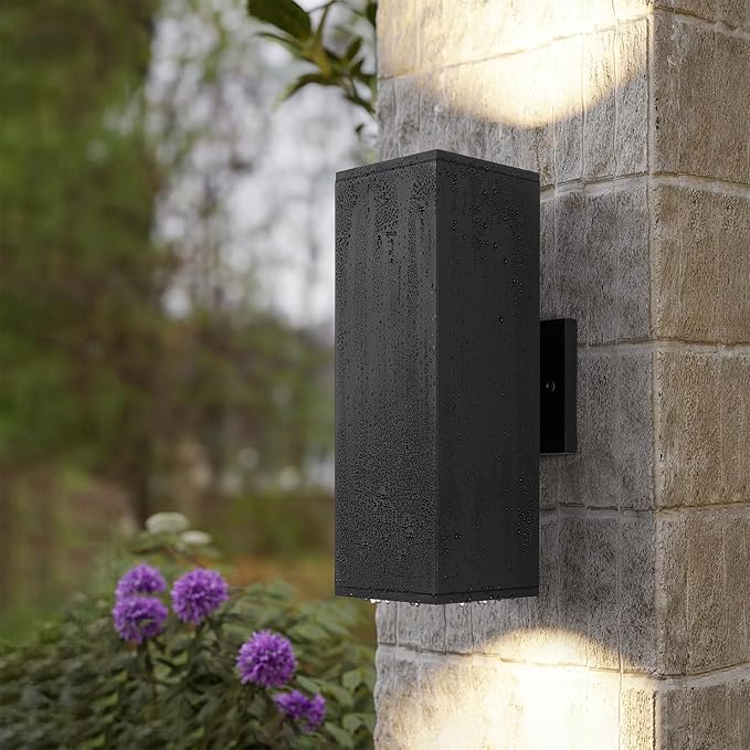 mirrea Modern Outdoor Porch Light Patio Light in 2 Lights with Aluminum Rectangular Tube and Tempered Glass Cover Waterproof Wall Sconce 2 Pack (Matte Black 14")