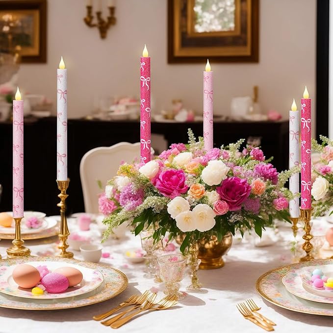 Honoson 6 Pcs Valentines Flameless Candles Glitter Bow Taper Candle 10.6 Inch Pink Coquette Candles Battery Operated LED Candlestick for Valentines Day Wedding Bridal Birthday Party Dinner Table Home