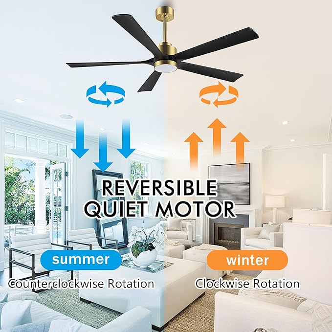 ELEHINSER 52" Modern Ceiling Fan with Light and Remote Control, 5 Solid Wood Blades 6-Speed Noiseless Reversible DC Motor, Ceiling Fan for Bedroom Dinning Living Room, Gold Finish with Black Blades