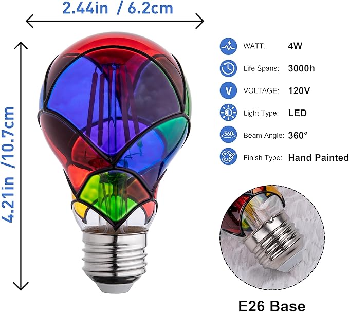 Stained Glass Light Bulb, Rainbow Painted, 4W 120V, Multi Colored Indoor, Fun & Romantic