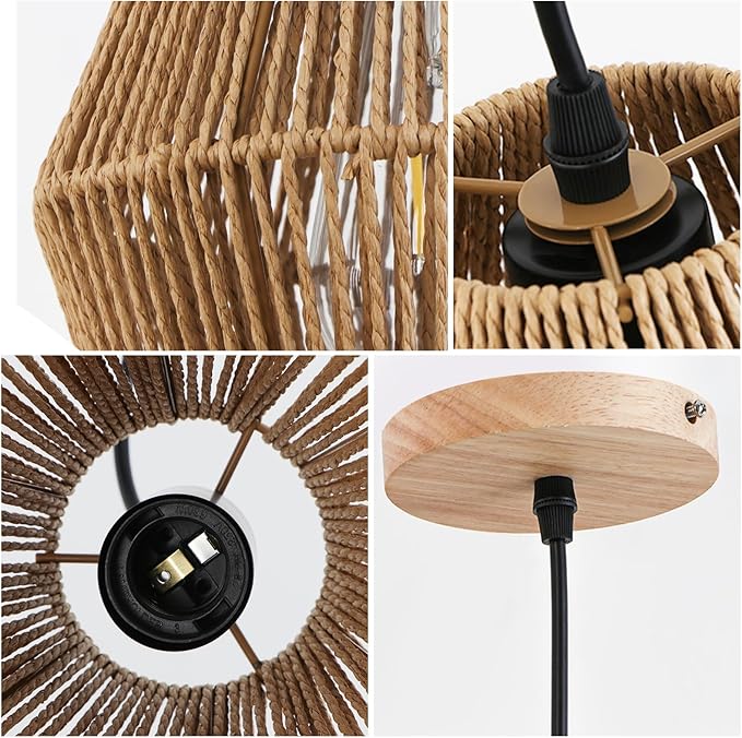 2 Packs Rattan Pendant Lights 7” Boho Woven Kitchen Chandeliers Modern Bohomian Mini Ceiling Hanging Light Fixtures for Farmhouse, Bedroom, Dining Room, Island, Bar, Foyer Hallway