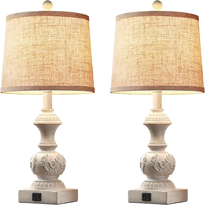 23.5" Set of 2 Farmhouse Table Lamps for Bedroom Bedside Lamp with USB A+C Ports Vintage Nightstand Lamps Antique Carved Floral Side Table Lamp for Living Room Office, White, Bulb Not Include