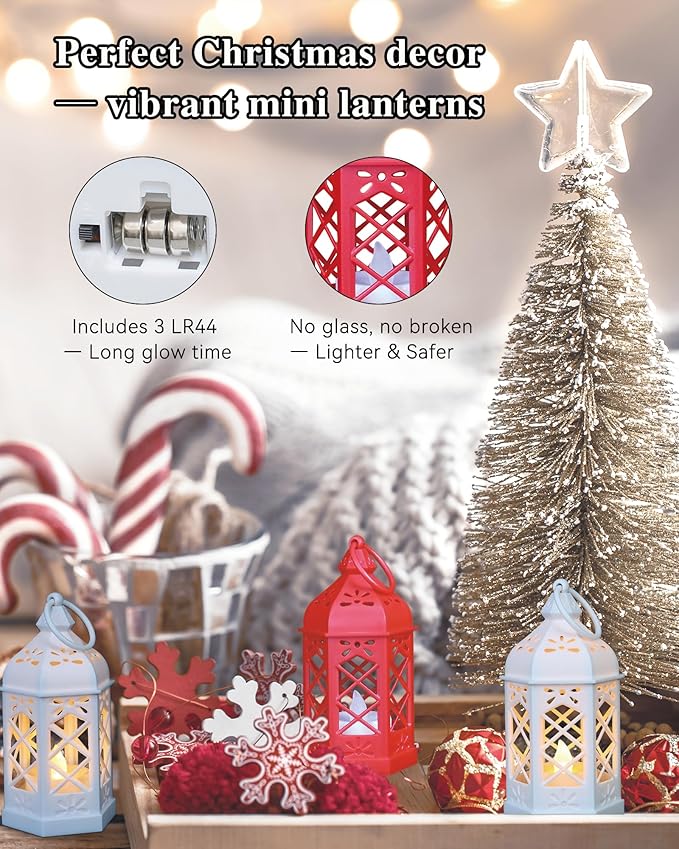12-Pack Mini Moroccan Lanterns with LED Candle for Ramadan, Wedding, Festivals, Small Decorative Lanterns Shatterproof for Baby Shower & Table Centerpiece, Ornament, Party Decor, White