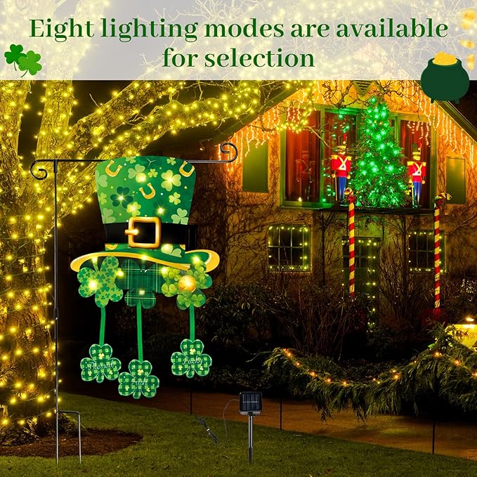 VIHOSE Lighted St. Patrick's Day Garden Flag, 12 x 18 Inch 8 Modes Double Sided Solar Ireland Decorations, LED hat Clover Shamrocks Garden Flag, Lucky Outdoor Yard Decor for St Patrick Porch Lawn