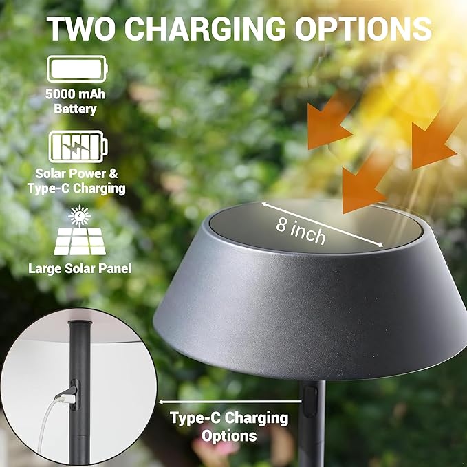 Outdoor Solar Powered Floor Lamp for Patios, Decks, Outdoor Living Spaces, Reading - Tall, Ultra Bright, Cordless, 3 Different Light Colors, IP65, Charge Battery by Solar or Type-C