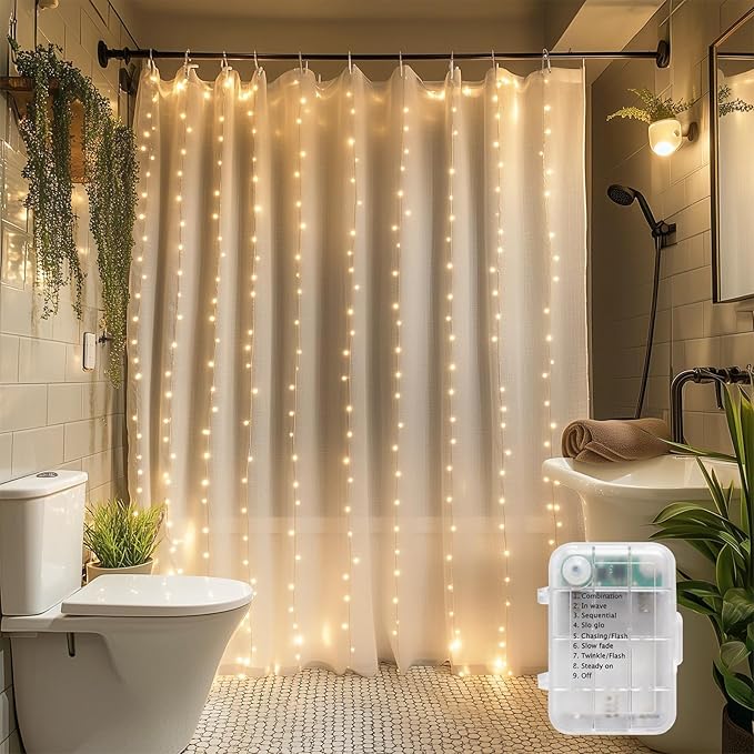 Waterproof LED Shower Curtain Lights - 72 Inch Fairy Lights for Bathroom, 8 Modes Warm White Spa Mood Lighting for Dark Bathrooms and Outdoor Décor (No Curtain)