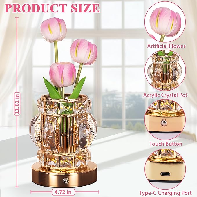 Tulip Table Lamp, Rechargeable Cordless Touch Dimming Artificial Tulip Flower Desk Lamp, LED Crystal Lamp Flower Bedside Night Light, Romantic Gifts for Girl Women Mom (Pink - Tulip)