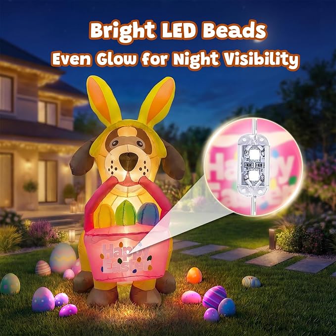 6 FT Easter Inflatables Dog Outdoor Decorations with Bunny Ears, Blow Up Easter Dog Holding Eggs Basket with Build-in LED Lights, Giant Spring Holiday Inflatable Yard Decor for Lawn Garden