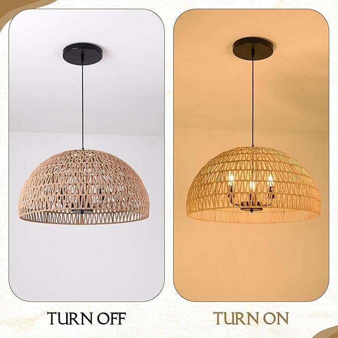 24" Brown Woven Pendant Light Boho Chandelier Dome Rustic Farmhouse Chandelier Wicker Pendant Light Rattan Light Fixture for Dining Room Living Room Bedroom Kitchen Island Foyer(Bulb Incl)